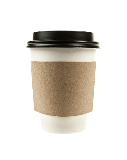 Disposable White Paper Coffee Cups with Black Dome Lids & Corrugated Cup Sleeves - 10 oz