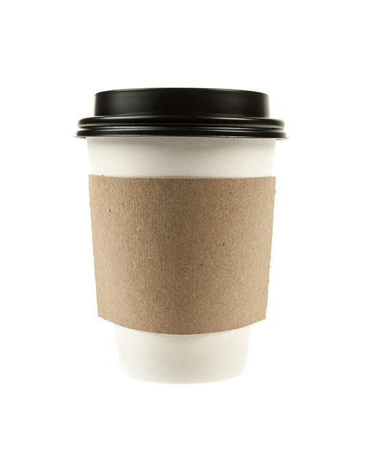 Disposable White Paper Coffee Cups with Black Dome Lids & Corrugated Cup Sleeves - 10 oz