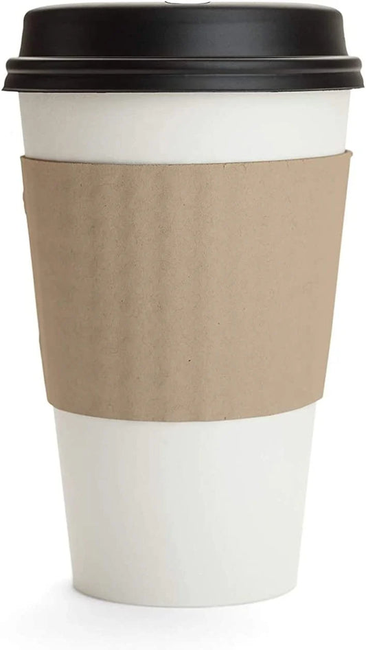 Disposable White Paper Coffee Cups with Black Dome Lids & Corrugated Cup Sleeves - 16 oz