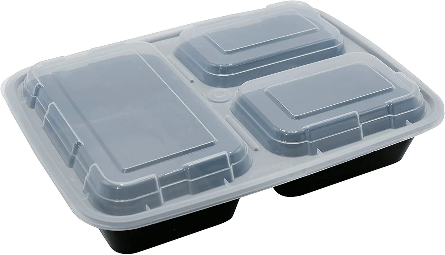 3-Compartment Rectangular Meal Prep Containers with Lids - 33oz