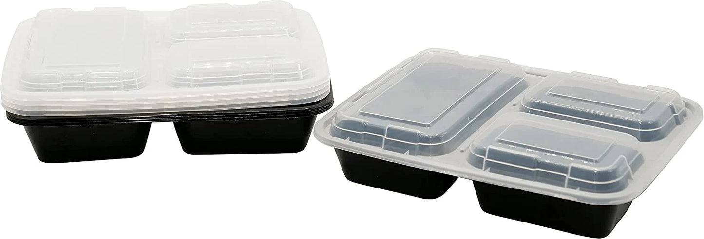 3-Compartment Rectangular Meal Prep Containers with Lids - 33oz