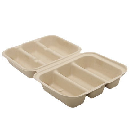 3-Compartment Compostable Taco Clamshell - Biodegradable, Unbleached Three-Sectional Takeout Box