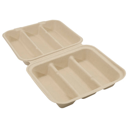 3-Compartment Compostable Taco Clamshell - Biodegradable, Unbleached Three-Sectional Takeout Box