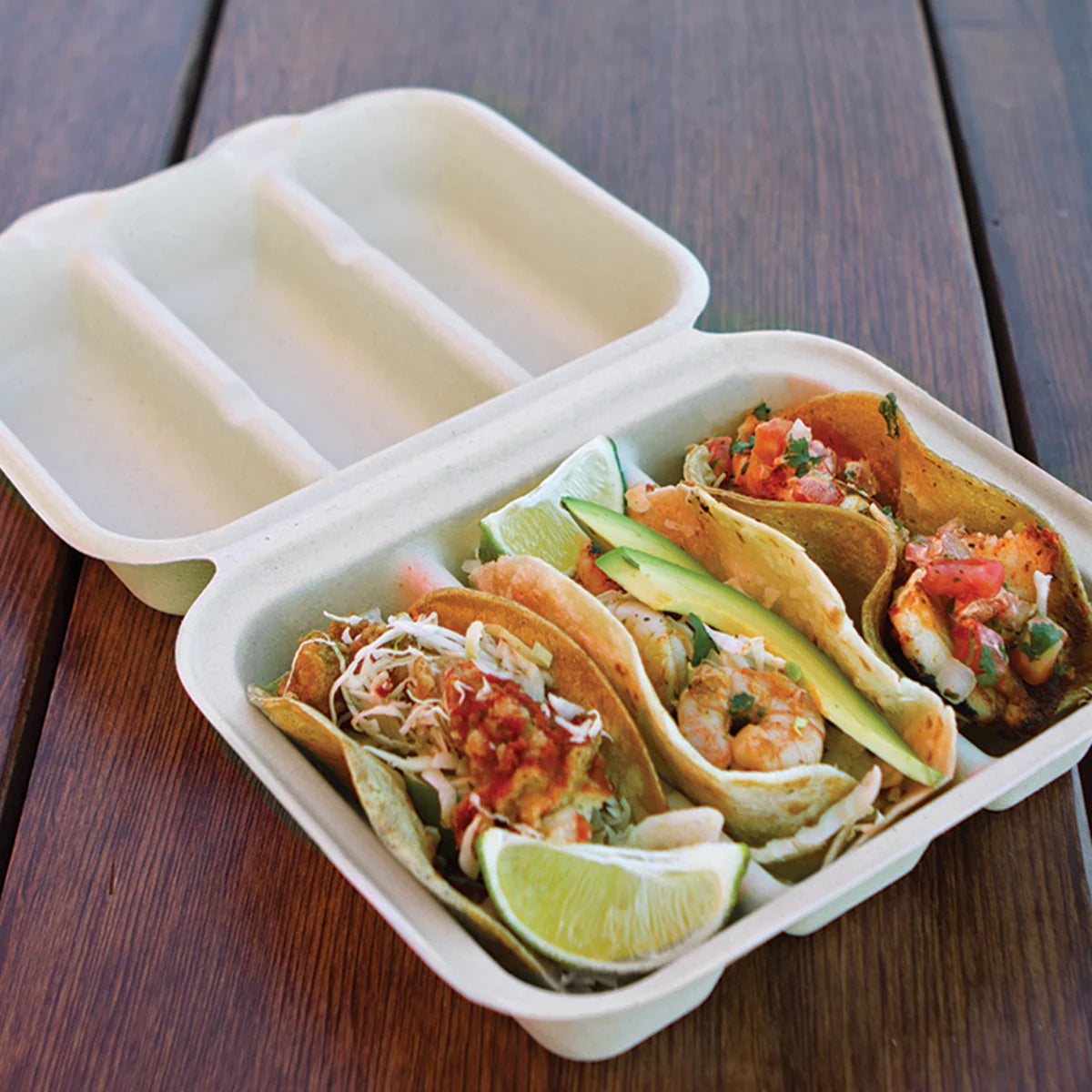 3-Compartment Compostable Taco Clamshell - Biodegradable, Unbleached Three-Sectional Takeout Box