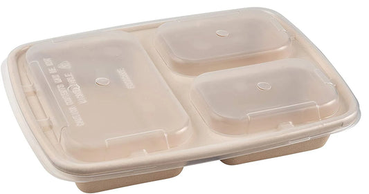 36oz Compostable 3-Compartment Food Storage Container with Lids - Made from Sugarcane