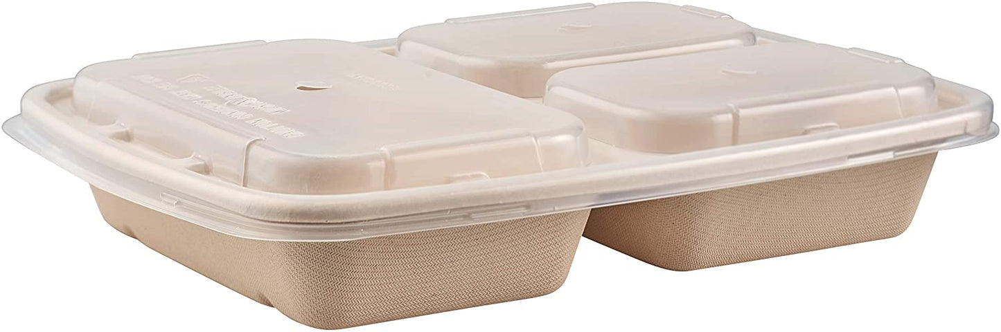 36oz Compostable 3-Compartment Food Storage Container with Lids - Made from Sugarcane