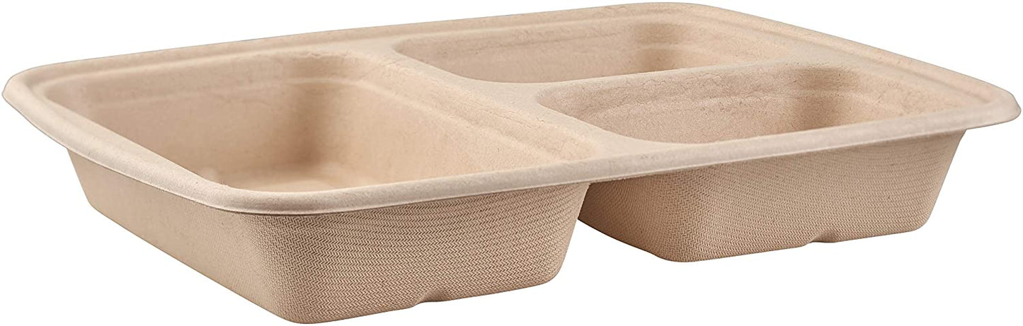 36oz Compostable 3-Compartment Food Storage Container with Lids - Made from Sugarcane