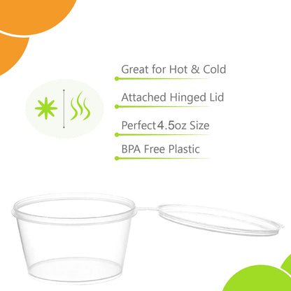 Clear Plastic Portion Cups with Hinged Lids – Leak-Proof Disposable Containers in Multiple Sizes