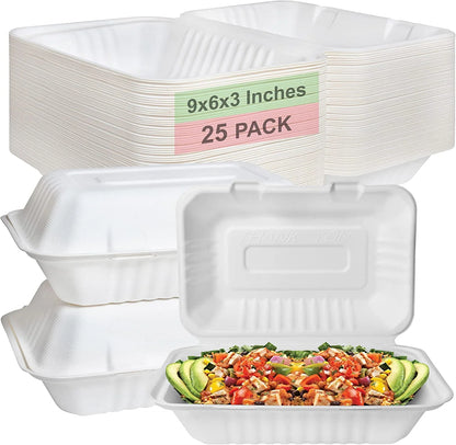 Compostable Rectangular Hinged Clamshell 9x6x3 Takeout Food Box - Heavy Duty Biodegradable/Disposable To-Go Containers with Lids