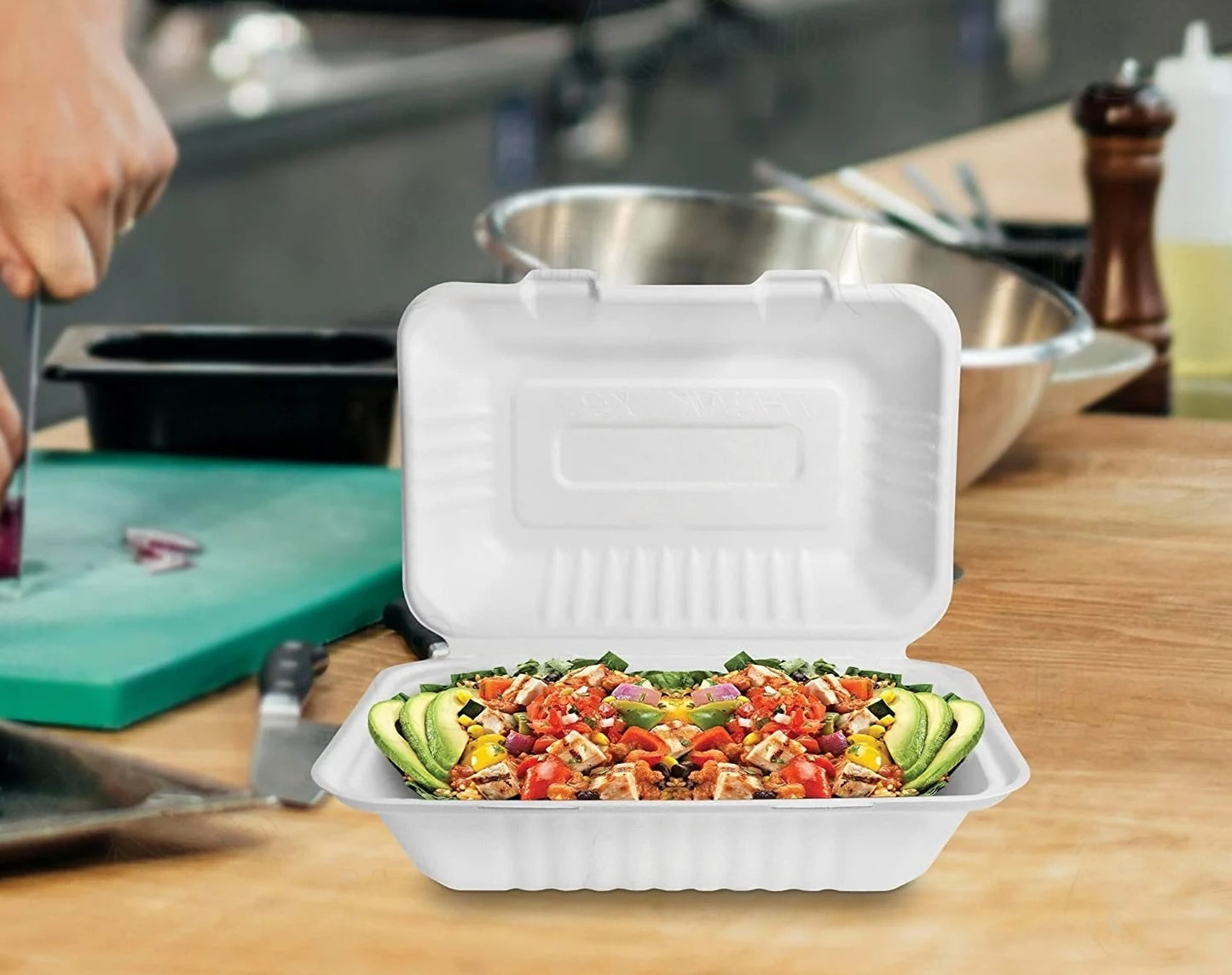 Compostable Rectangular Hinged Clamshell 9x6x3 Takeout Food Box - Heavy Duty Biodegradable/Disposable To-Go Containers with Lids