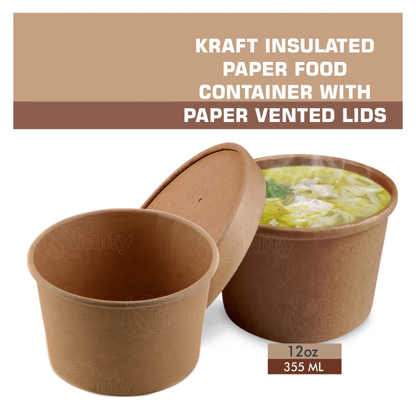 Disposable Kraft Paper Food Soup Cups with Paper Vented Lids - Multi Size