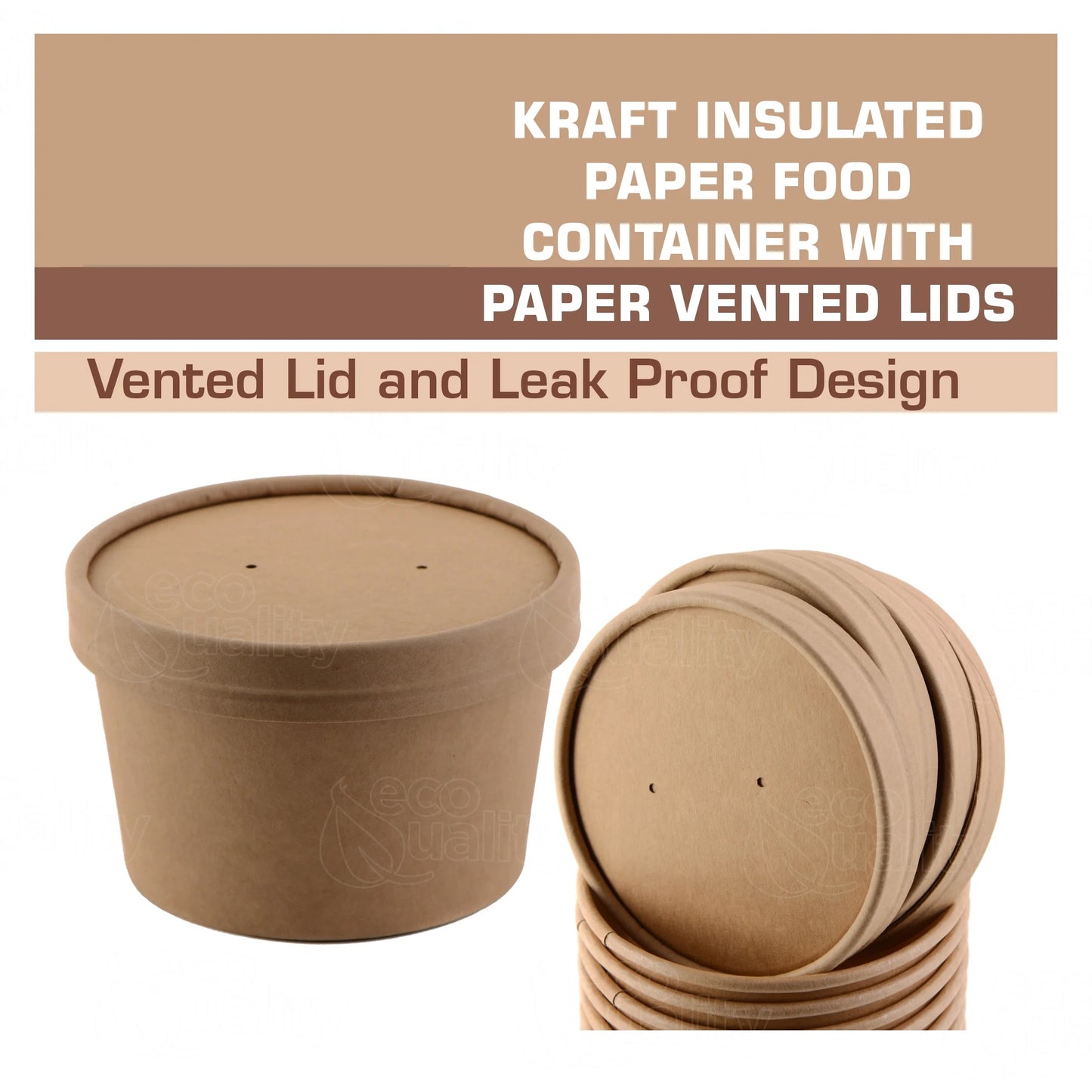 Disposable Kraft Paper Food Soup Cups with Paper Vented Lids - Multi Size