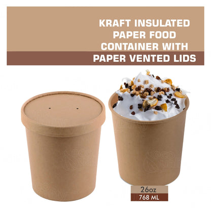 Disposable Kraft Paper Food Soup Cups with Paper Vented Lids - Multi Size