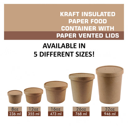 Disposable Kraft Paper Food Soup Cups with Paper Vented Lids - Multi Size