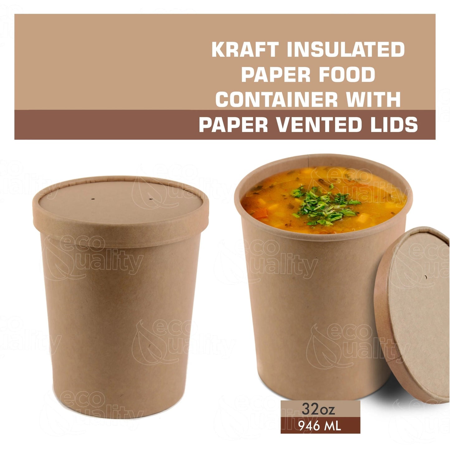 Disposable Kraft Paper Food Soup Cups with Paper Vented Lids - Multi Size