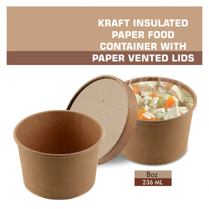 Disposable Kraft Paper Food Soup Cups with Paper Vented Lids - Multi Size