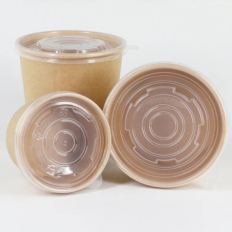 Disposable Kraft Paper Soup Containers with Plastic Lids - Multi Size