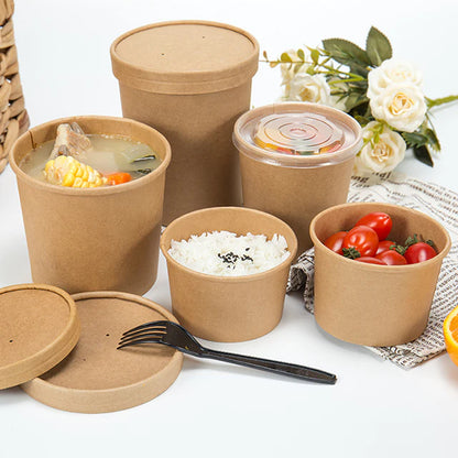 Disposable Kraft Paper Soup Containers with Plastic Lids - Multi Size