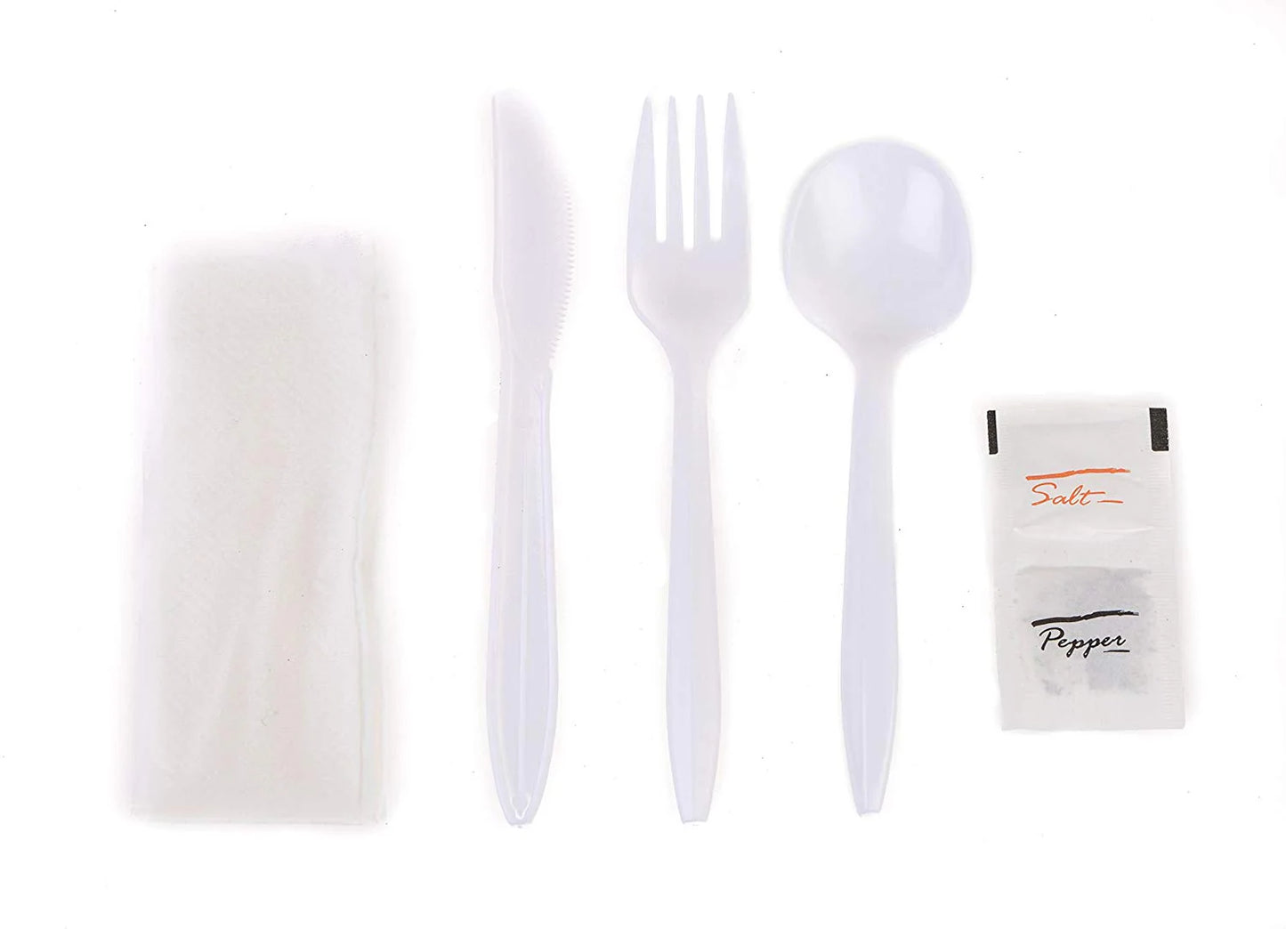 Disposable Plastic Wrapped Cutlery Kit – 6-in-1 Set with Fork, Spoon, Knife, Napkin, Salt & Pepper