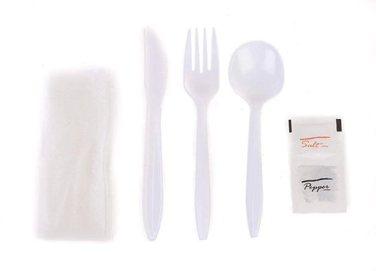 Disposable Plastic Wrapped Cutlery Kit – 6-in-1 Set with Fork, Spoon, Knife, Napkin, Salt & Pepper