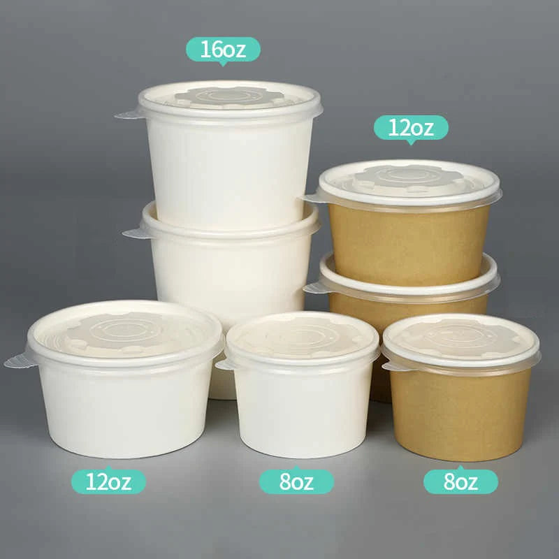 Disposable White Paper Soup/Ice-cream Containers with Plastic Lids - Multiple Sizes