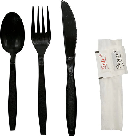 Heavy-Duty Disposable Black Cutlery Kit – 5-in-1 Wrapped Set with Fork, Spoon, Knife, Napkin, Salt & Pepper