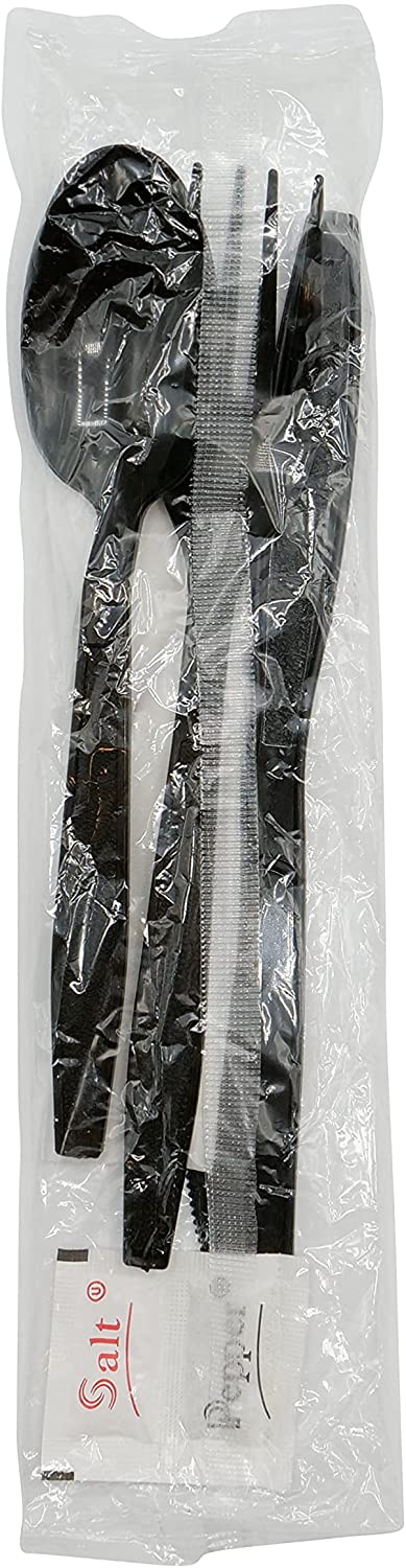 Heavy-Duty Disposable Black Cutlery Kit – 5-in-1 Wrapped Set with Fork, Spoon, Knife, Napkin, Salt & Pepper