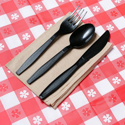 Heavy-Duty Disposable Black Cutlery Kit – 5-in-1 Wrapped Set with Fork, Spoon, Knife, Napkin, Salt & Pepper