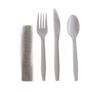 Heavy-Duty Disposable White Cutlery Kit – 4-in-1 Plastic Wrapped Set with Fork, Spoon, Knife & Napkin