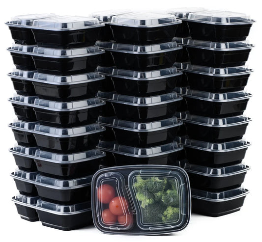 2-Compartment Microwavable Meal Prep Containers with Lids - Black & White (28oz, 32oz, 38oz)