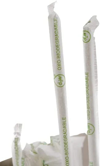 Oxo-Biodegradable Clear Jumbo Drinking Straws – 7.75in, Individually Wrapped, Sugarcane Made, D2W Compostable Plastic Alternative