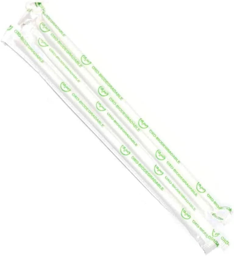 Oxo-Biodegradable Clear Jumbo Drinking Straws – 7.75in, Individually Wrapped, Sugarcane Made, D2W Compostable Plastic Alternative