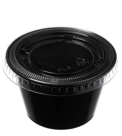 Leak-Resistant Black Plastic Condiment Cups with Lids - 1oz, 2oz, 4oz