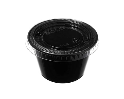 Leak-Resistant Black Plastic Condiment Cups with Lids - 1oz, 2oz, 4oz