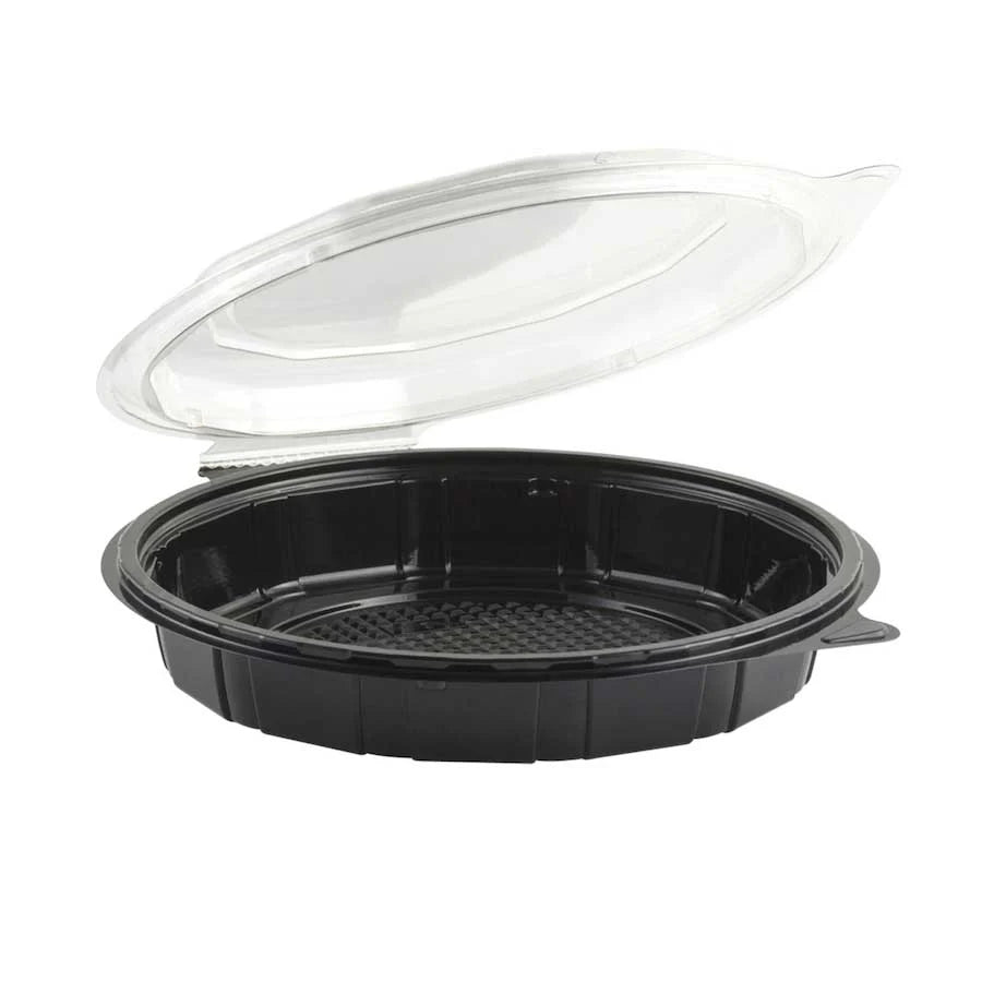 Round Hinged Container - 40 oz Deep Black Base with Attached Clear Lid